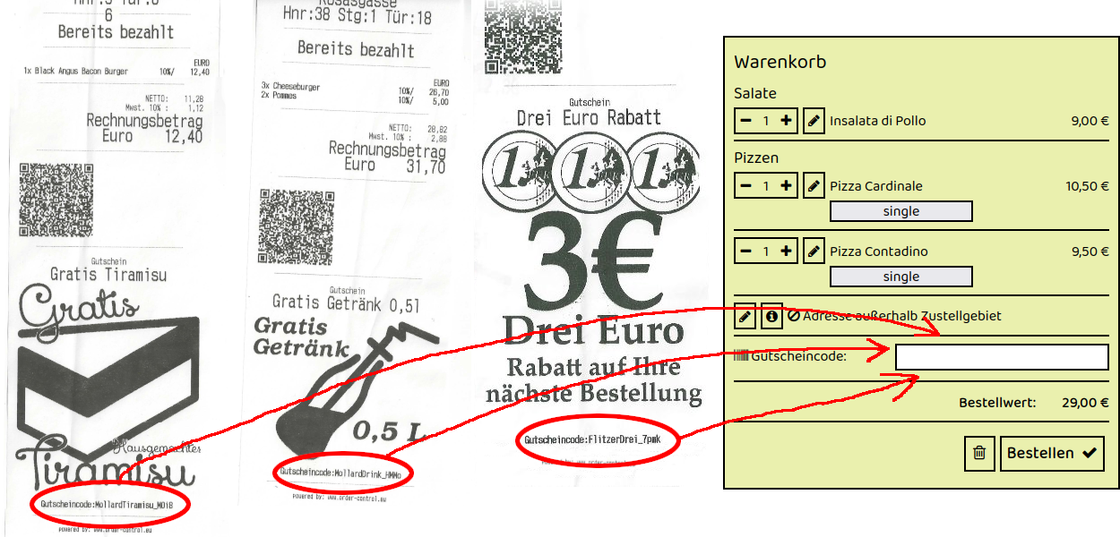 Beispiel für Gutscheincodes auf Rechnungszetteln von Kebap Pizza deluxe in Wien Karl Tornaygasse 37 – drei Rechnungen mit individuellen Gutscheincodes, die im Online-Warenkorb des Restaurants eingegeben werden können.